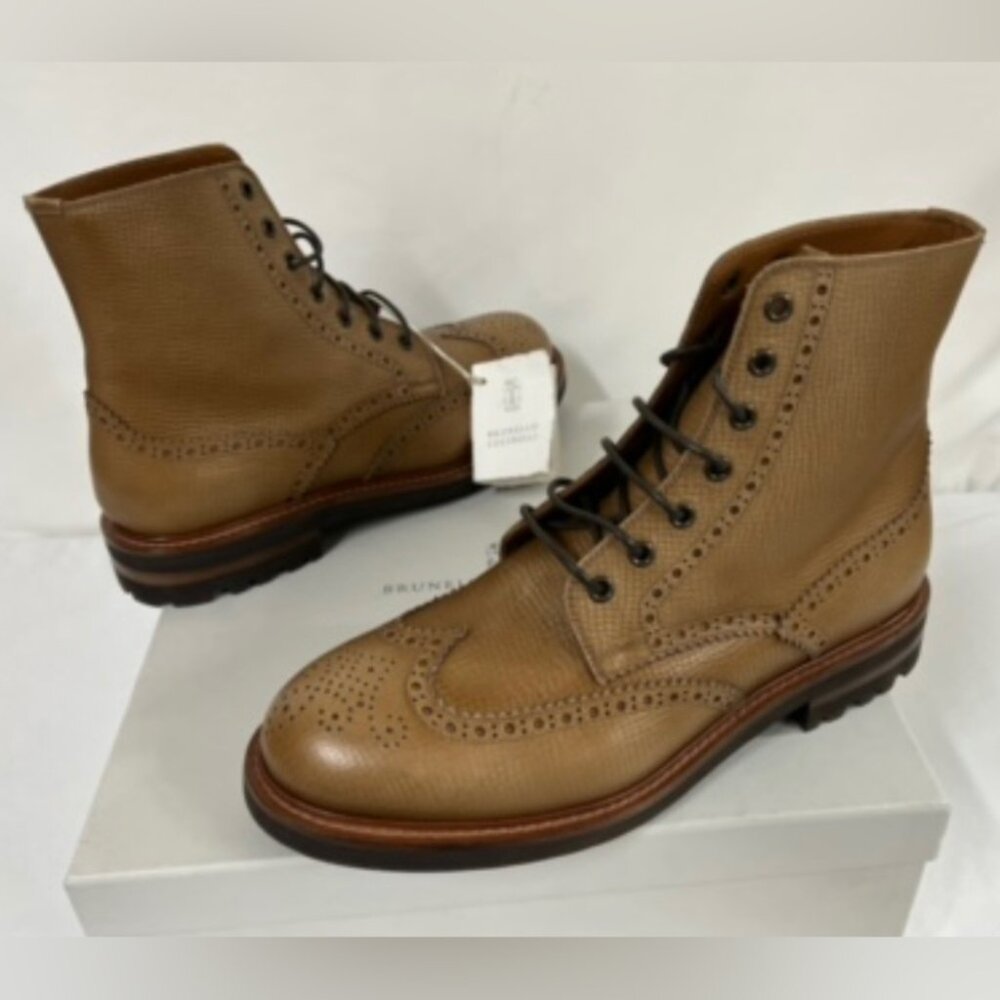 NIB Brunello Cucinelli Tan Textured Leather Wingtip Boots 42EU/9US $1595.00